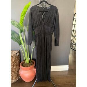 ASOS Design Pleated Black Jumpsuit Deep V Wide Leg Long Sleeve Size US 8 UK 12